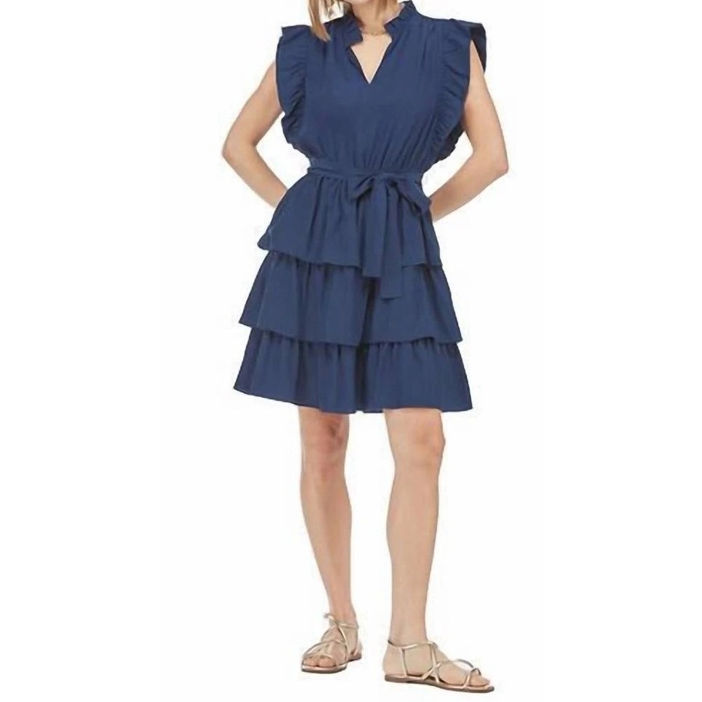 Joy Joy Joy Women's‎ Ruffle Sleeve Tiered Dress V-Neck Navy Blue Summer Sz M